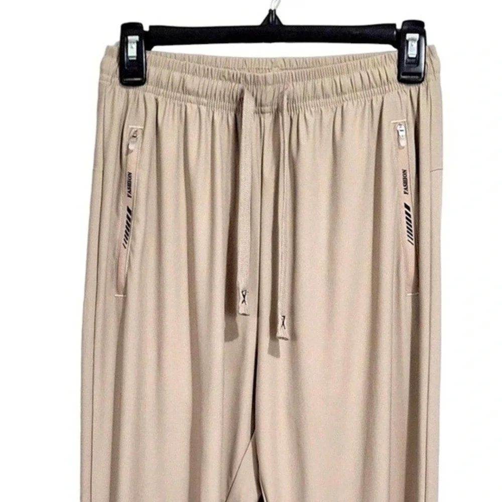 Fashion Womens‎ Joggers Active Pants Medium Beige Zip Pockets Stretch Unbranded